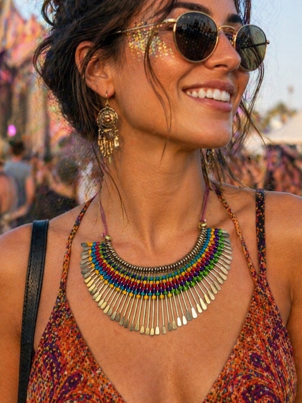Handmade Boho Rainbow Fringe Statement Necklace Tribal Festival Collar